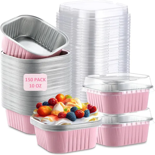 Vista 16 de Aoriher 150 moldes cuadrados de 10 onzas para pasteles con tapas, tazas de brownie de aluminio para hornear, moldes desechables para cupcakes