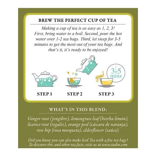 Vista 5 de Mezcla de té de hierbas Tadin Jengibre. Sin cafeína. 24 bolsas de té. 1.02 oz. Paquete de 3