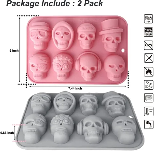 Vista 2 de Paquete de 2 moldes de silicona de calavera 3D con 8 cavidades con temática de calavera para hornear, herramienta de horneado para pastel