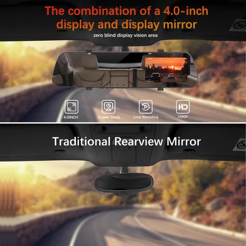 Vista 9 de Cámara de salpicadero de espejo frontal y trasera para coche, 4 pulgadas, pantalla IPS 1080P, espejo retrovisor, montaje de cámara de tablero