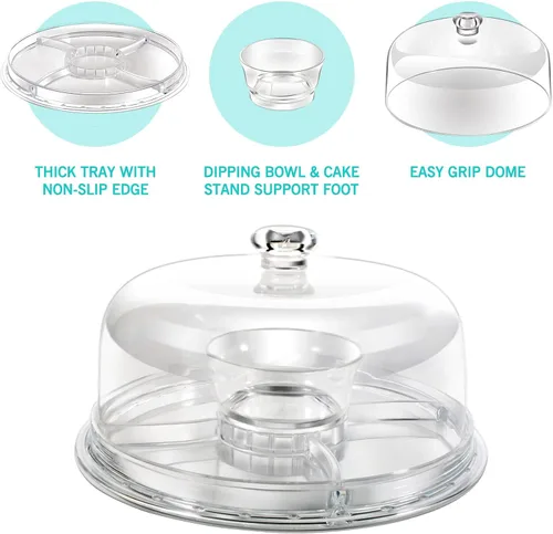 Vista 4 de Masthome Soporte acrílico 6 en 1 para tartas con tapa de cúpula (12 pulgadas), bandeja multifuncional extra grande para servir y soporte