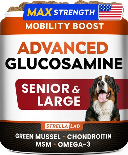 Suplemento avanzado de glucosamina para cadera y articulaciones para perros mayores - Mejillón de labios verdes y colágeno - Alivio del dolor de