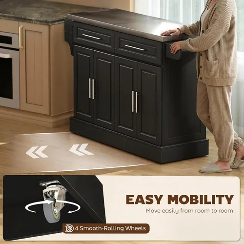 Vista 5 de HomCom Isla para cocina. Gabinete moderno con ruedas, con parte superior de acero inoxidable., Negro