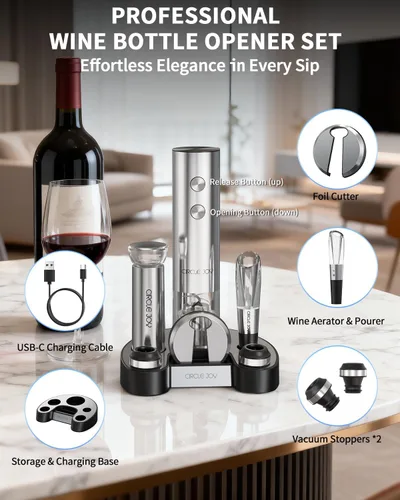 Vista 5 de CIRCLE JOY Juego de abridor eléctrico de botellas de vino de acero inoxidable, recargable, 8 en 1, juego de regalo de vino con base de carga