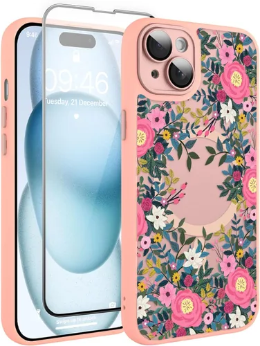 Vista 136 de Magnético para iPhone 13 con protector de pantalla [Compatible con MagSafe] Diseño de patrón floral de flores bonitas, funda delgada a prueba