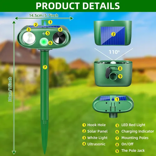 Vista 9 de 4Pack Sonic Fortress Pro Deer Repellent Outdoor Solar Ultrasonic Animal Repellent with Motion Sensor&Flash Light-IP65 Waterproof Squirrel Fortress