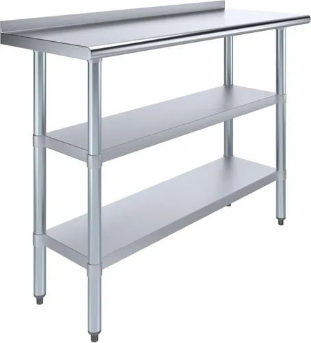 Vista 20 de AmGood Mesa de trabajo de acero inoxidable con protector contra salpicaduras de 1.5 pulgadas y 2 estantes Mesa de cocina de metal para preparación