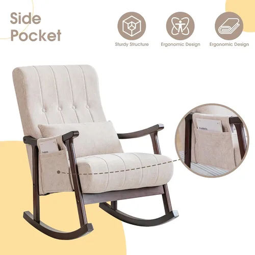 Vista 4 de COCO DESIGN Mecedora para interiores, silla mecedora tapizada para sala de estar, mecedora moderna con almohada y bolsillo lateral, respaldo alto
