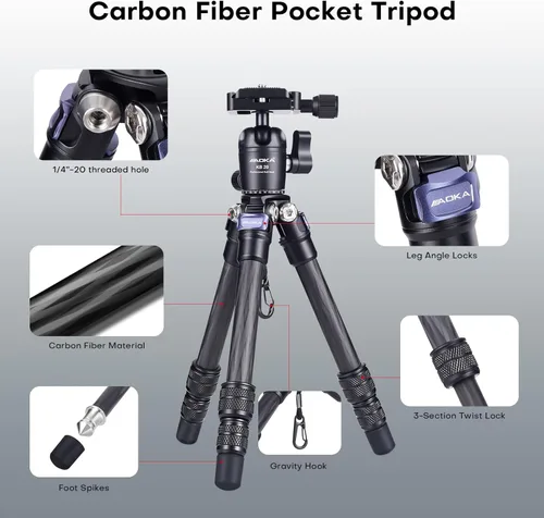Vista 3 de AOKA Mini trípode de fibra de carbono de 15.75 pulgadas/0.99 libras, trípode compacto de bolsillo de mesa para teléfonos móviles, cámaras sin