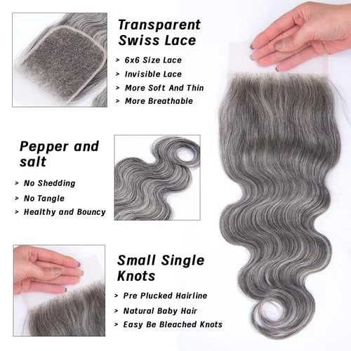 Vista 2 de Cierre de encaje ondulado de 5 x 5, cabello humano brasileño color gris sal y pimienta, transparente HD 5x5, cierre de encaje prearrancado