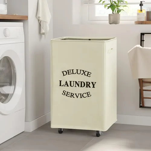 Vista 4 de WOWLIVE Cesta grande de lavandería con ruedas de 90 l plegable, cesta alta de lavandería con asa plegable, cesta rectangular para ropa sucia