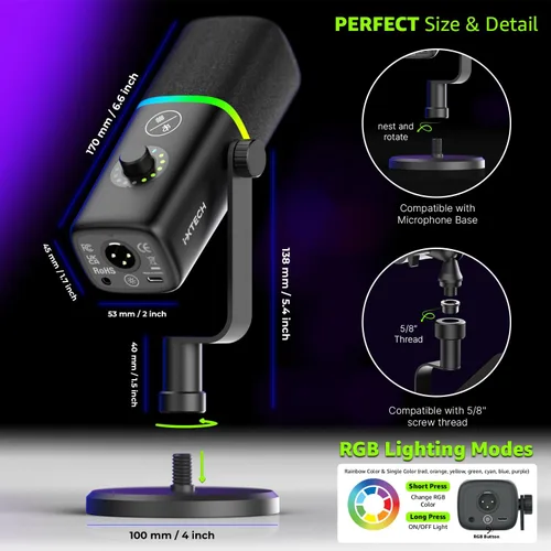 Vista 5 de IXTECH - Micrófono USB para juegos para PC, micrófono condensador con cancelación de ruido para podcasts y transmisión de video con soporte