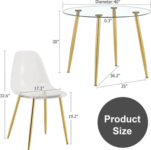 Vista 2 de Juego de 4 mesas de comedor redondas doradas de cristal para 4, mesa de cocina moderna y sillas de comedor, una pequeña mesa redonda circular