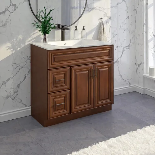 La Royal Mueble de baño con cajones y base de fregadero de nogal arce de 36 pulgadas, listo para montar, mueble de baño con cajones