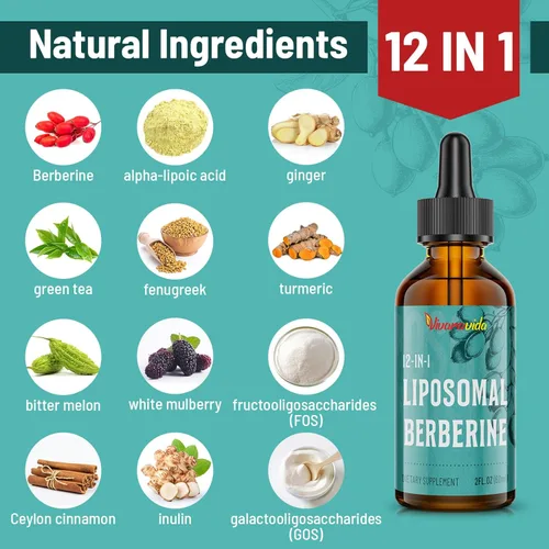 Vista 3 de Suplemento de berberina HCl de 3000 mg - Líquido liposomal de berberina HCl - Activador AMPK con cúrcuma, canela de Ceilán, 12 ingredientes