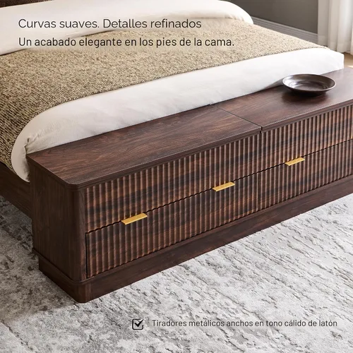 Vista 6 de T4TREAM Cama Queen acanalada con cabecera y banco de almacenamiento, nogal Nogal oscuro