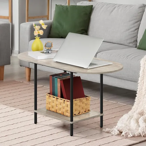 Vista 9 de ETELI Mesas de centro redondas pequeñas para espacios pequeños, mesa de centro ovalada de granja con estante de almacenamiento de 2 niveles, mesa