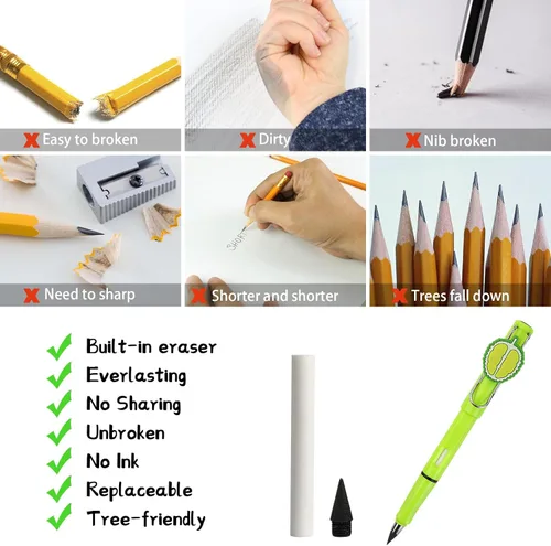Vista 5 de 10 lápices infinitos, lápiz eterno sin tinta con borrador, lindo lápiz Forever con 10 puntas de repuesto, lápices eternos de escritura ilimitada