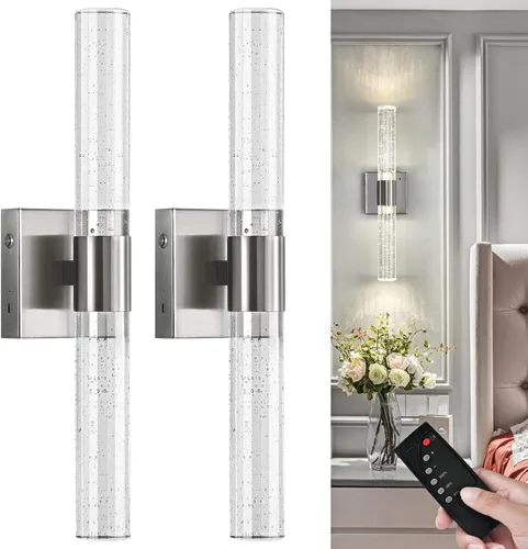 Vista 14 de Juego de 2 apliques de pared dorados que funcionan con pilas, juego de 2 apliques de pared inalámbricos recargables con control remoto, moderna