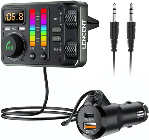 LENCENT Adaptador Bluetooth para automóvil, transmisor de radio FM Bluetooth 5.3 con reproductor de música de agudos y graves de alta fidelidad,