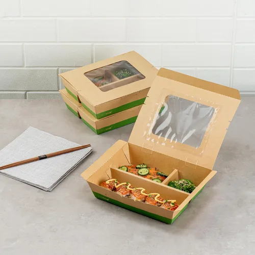 Vista 3 de Restaurantware Eco Tek - Recipientes de comida para llevar de 51 onzas, 100 cajas Bento desechables, 3 compartimentos, ventana transparente, papel