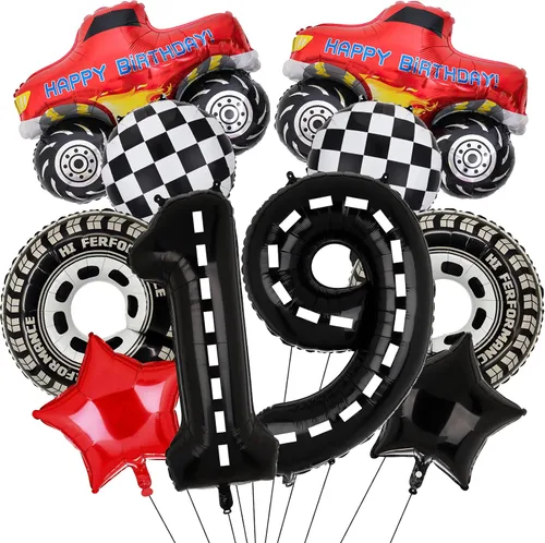 Vista 20 de Decoraciones de fiesta de camiones, 9 globos de aluminio con número de cumpleaños para camión, 1er cumpleaños, carreras, autos, suministros