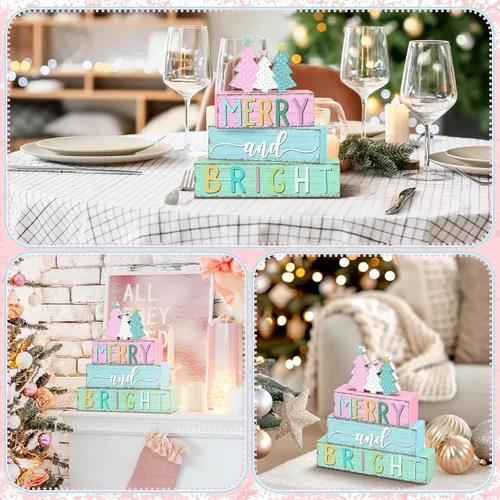 Vista 5 de Geelin 4 letreros de mesa para árbol de Navidad, color caramelo, decoraciones de madera, árbol de Navidad, bandeja escalonada, centros de mesa