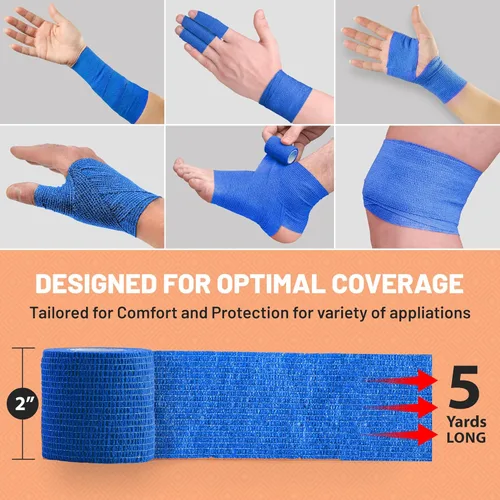 Vista 2 de Paquete de 6 cintas cohesivas autoadherentes, 2 pulgadas x 5 yardas, rollos de vendaje autoadhesivos y envoltura deportiva para tobillo, muñeca