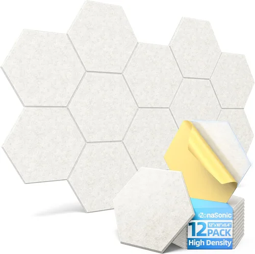 Vista 16 de Paquete de 12 paneles acústicos hexagonales con autoadhesivos, paneles de espuma a prueba de sonido de 12 x 10 x 0.4 pulgadas para paredes, paneles