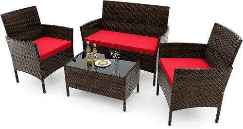 Vista 25 de RELAX4LIFE Juego de muebles de patio de 4 piezas – Juego de muebles de ratán para conversación al aire libre con cojines, mesa de centro de cristal