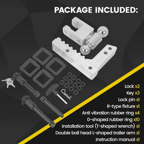 Vista 5 de Enganche de remolque ajustable para receptor de 2 pulgadas, aluminio GTW de 12500 libras - 8 pulgadas de caída/elevación con bola doble de 2