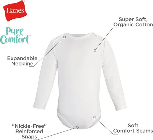 Vista 3 de Hanes Unisex Baby Pure Comfort Long Sleeve Bodysuits, Infant Bodysuits, Boys & Girls, 3-pack