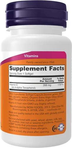 Vista 2 de NOW Suplementos, Vitamina E-400 UI Tocoferoles Mixtos, Protección Antioxidante*, 50 Cápsulas Blandas