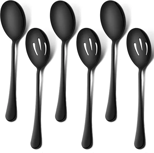 LIANYU 6 cucharas negras para servir, cucharas ranuradas negras, utensilios de servir de acero inoxidable para fiestas, bufé, restaurante, banquete,