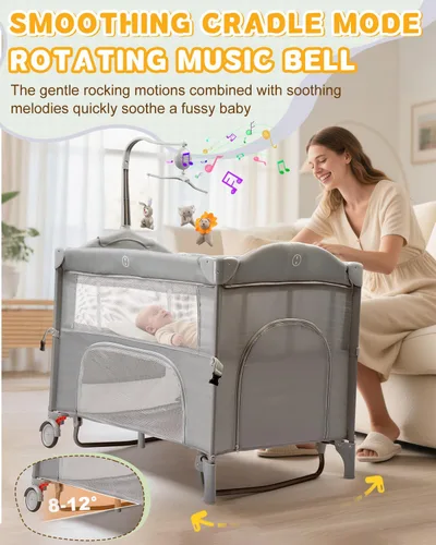 Vista 3 de Ktaxon Moisés 5 en 1 para dormir de noche, empacar y jugar, cuna de bebé con modo cuna, almacenamiento de noche, colchón desmontable, diseño