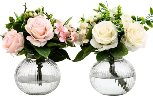 Vista 46 de Jarrones de vidrio acanalado, juego de 2 jarrones estriados para flores, florero de vidrio ámbar para tulipanes, jarrón moderno para sala de estar