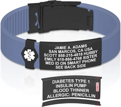 Vista 153 de Divoti Pulsera de identificación de alerta médica grabada personalizada, grabado láser de doble cara, pulsera de silicona, cierre de seguridad