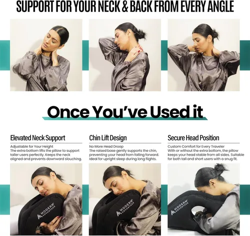 Vista 5 de Modern Advantage Almohada inflable de viaje para aviones con parte inferior adicional ajustable, soporte para la cabeza y la barbilla para evitar
