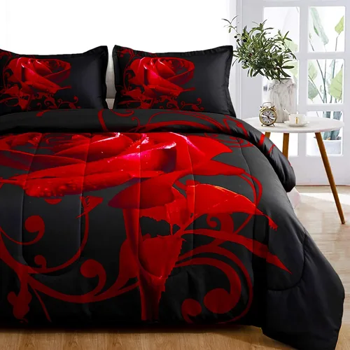 Vista 9 de WONGS BEDDING Juego de edredón azul tamaño matrimonial, juego de edredón reversible con estampado de rosas azules con 2 fundas de almohada