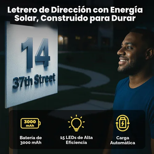 Vista 2 de Brighticonics - Señal de dirección solar con luz – Luz LED iluminada impermeable IP65 – Números de casa fáciles de instalar, encendido automático al