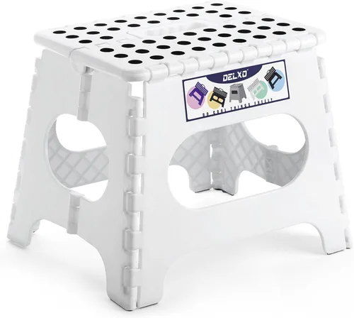 Vista 40 de Delxo Taburete plegable de 17.5 pulgadas, taburete plegable para adultos con bloqueo de seguridad, taburete plegable portátil de plástico, taburetes