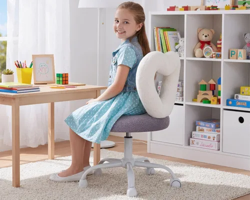 Vista 3 de HNY Silla de escritorio para niños con ruedas, linda silla de tocador de felpa morada con respaldo en forma de corazón ahuecado ajustable, silla