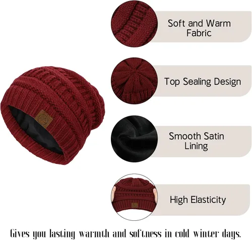 Vista 3 de Gorros de invierno con forro de satén para mujer, gorro de invierno con forro de seda para invierno, cálido gorro de punto con puños