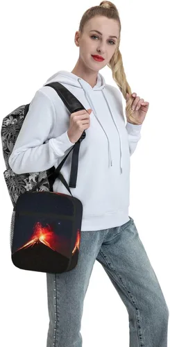Vista 7 de Volcán Erupting at Night Bolsa de almuerzo impresa con bolsillo lateral Lonchera térmica Bolsa suave Bolsa térmica para picnic de trabajo