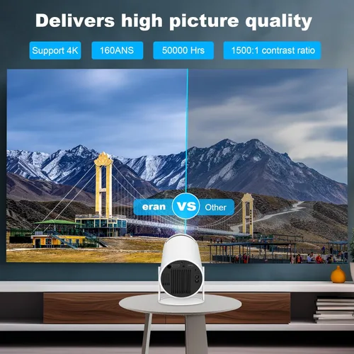 Vista 3 de HY300 PRO MINI proyector, proyector portátil, compatible con 4K 1080P con doble banda WIFI6 5G inalámbrico 5.0 Bluetooth Android 11, 180° giratorio
