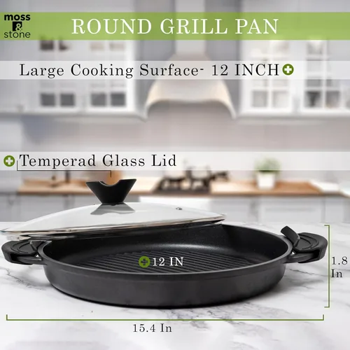 Vista 4 de Moss & Stone Sartén antiadherente de 12 pulgadas para cocinar en interiores, sartén de aluminio fundido para estufa e inducción, apta