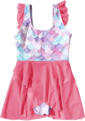 Traje de baño de una pieza para niñas, con mangas con volantes, de sirena, vestido de tul