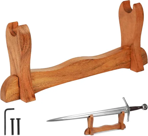 Vista 18 de Mythrojan Soporte de espada medieval de madera maciza horizontal para katana, samurái, gladiador, espadas cruzadas, soporte de mesa elegante, 1 nivel