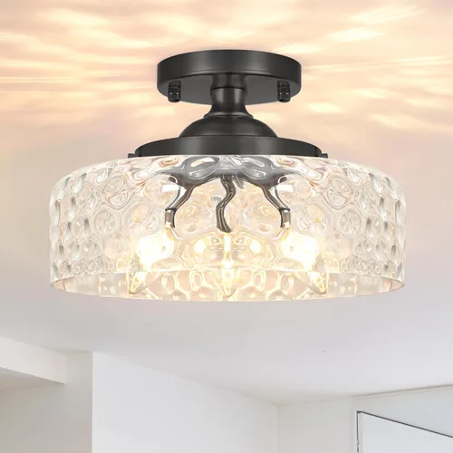 Vista 9 de Lámpara de techo semiempotrada dorada, lámpara de techo de latón antiguo con vidrio, lámpara de interior cerca del techo, accesorios de luz