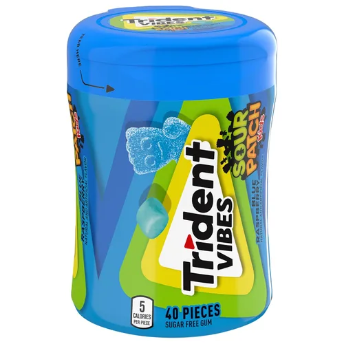 Vista 10 de Trident Vibes SOUR PATCH KIDS - Goma de mascar sin azúcar de frambuesa azul, botella de 40 piezas